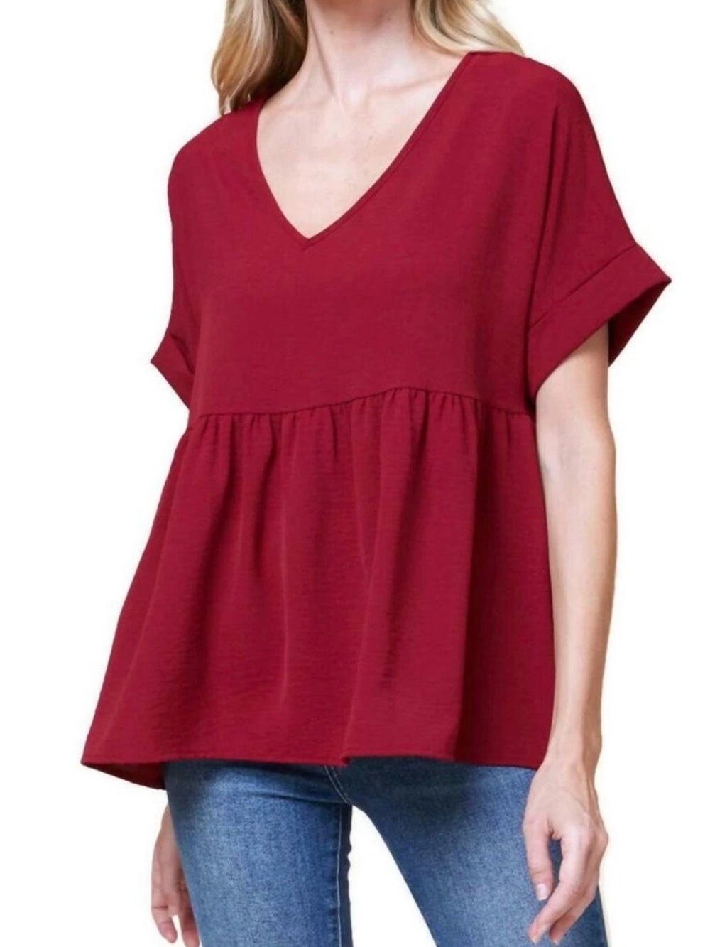 Entro lightweight V-Neck Babydoll Tunic in Rich Wine